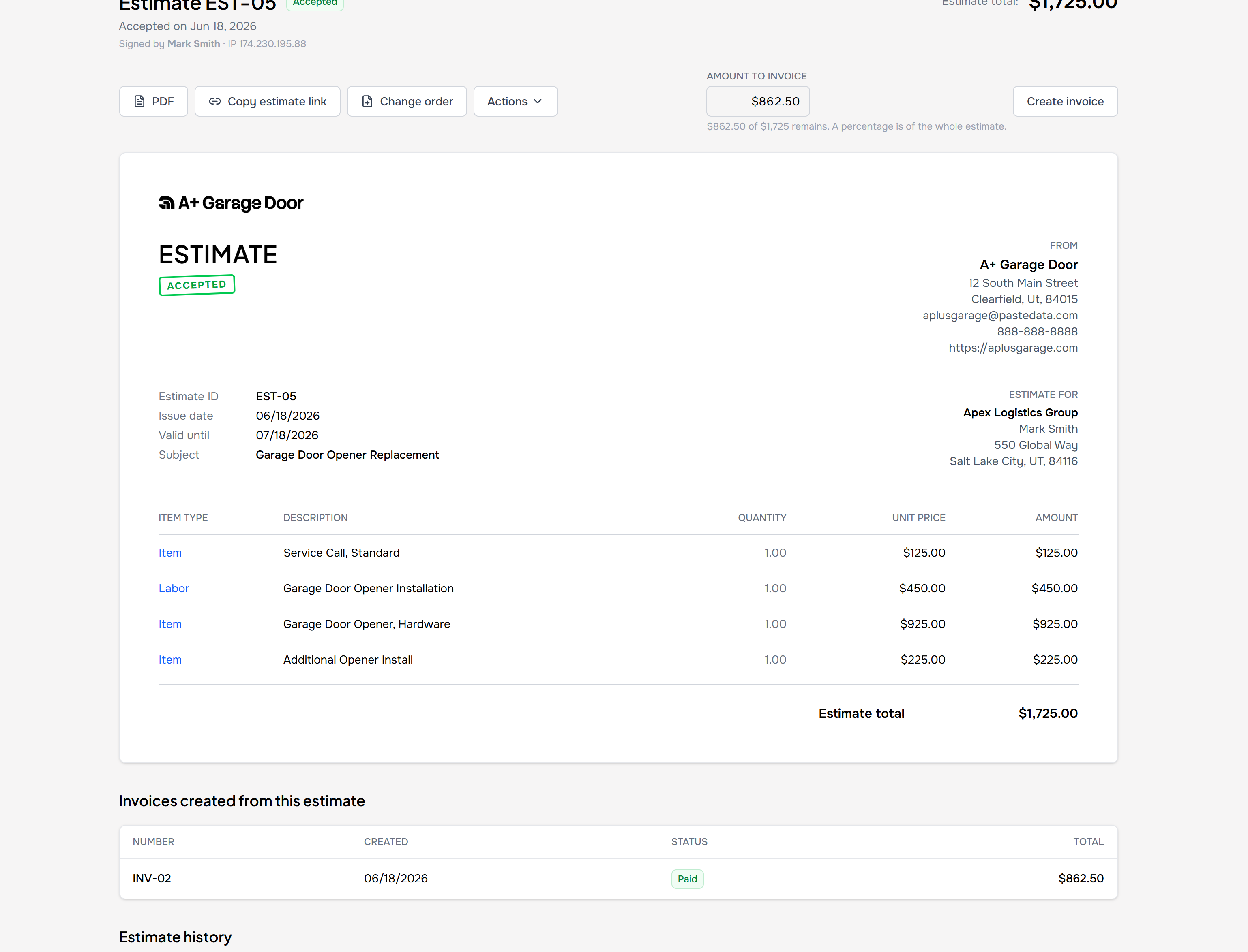An accepted PayPolka estimate with the Amount to invoice box showing $862.50 of $1,725 left to bill and one paid invoice beneath it