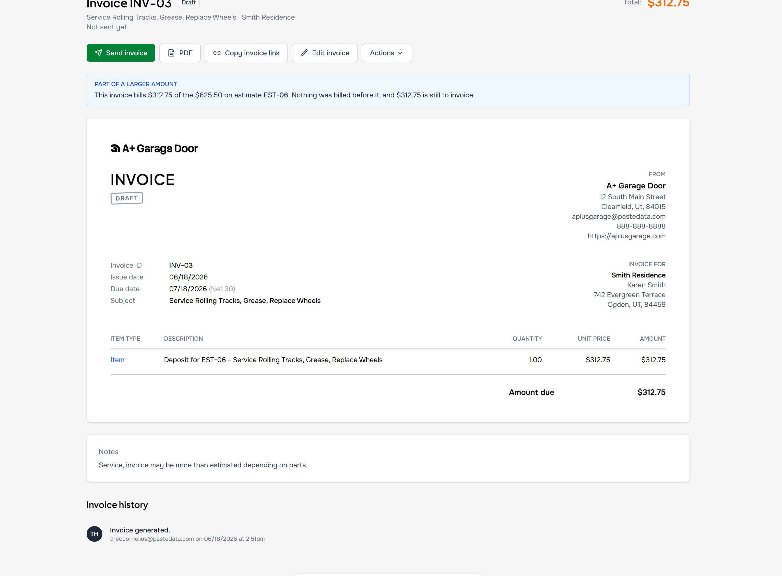 A draft deposit invoice for a garage door service, billing part of an accepted estimate