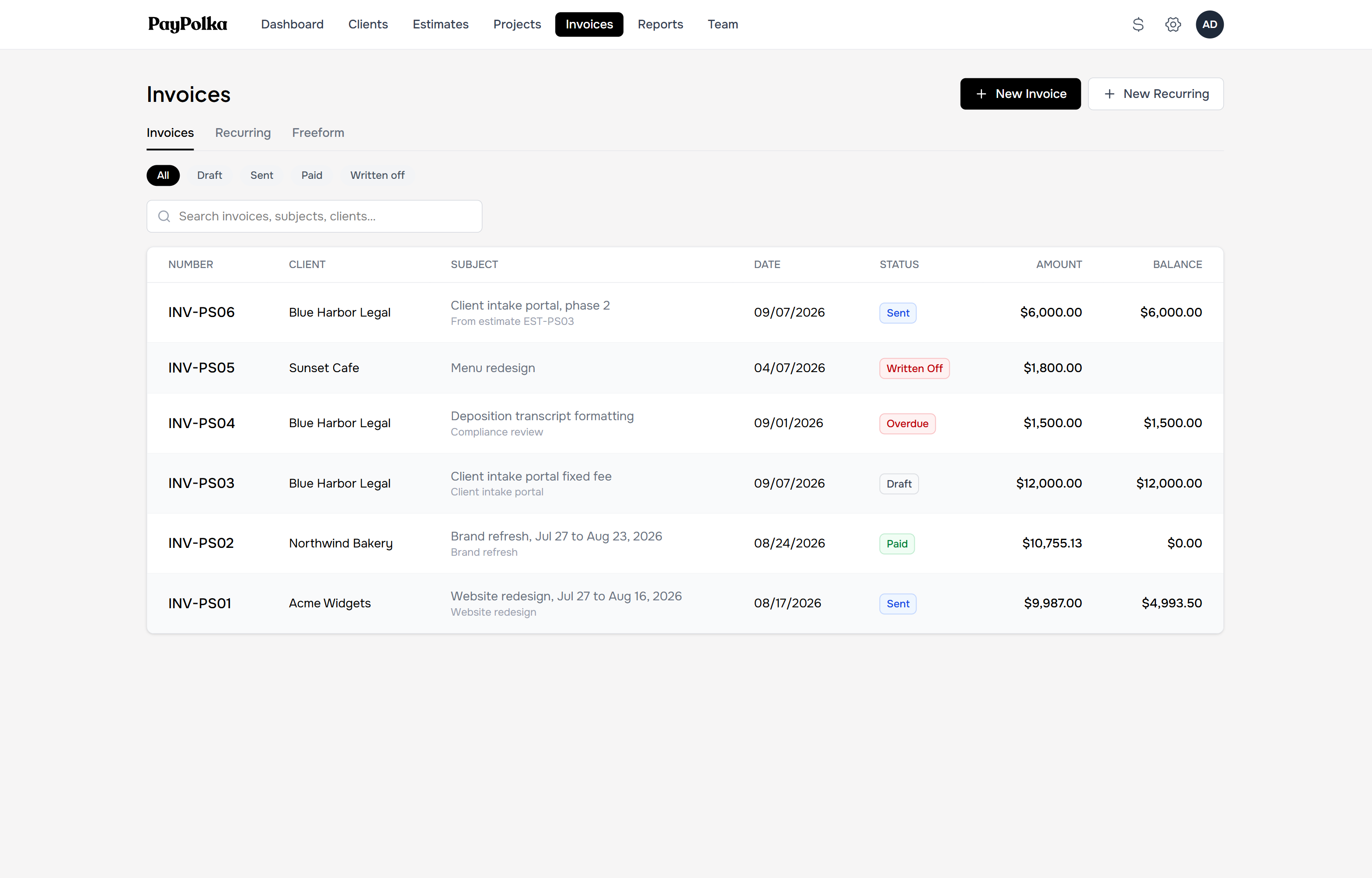 The Invoices page with Invoices, Recurring, and Freeform tabs, status chips, and a list of sent, paid, overdue, and draft invoices
