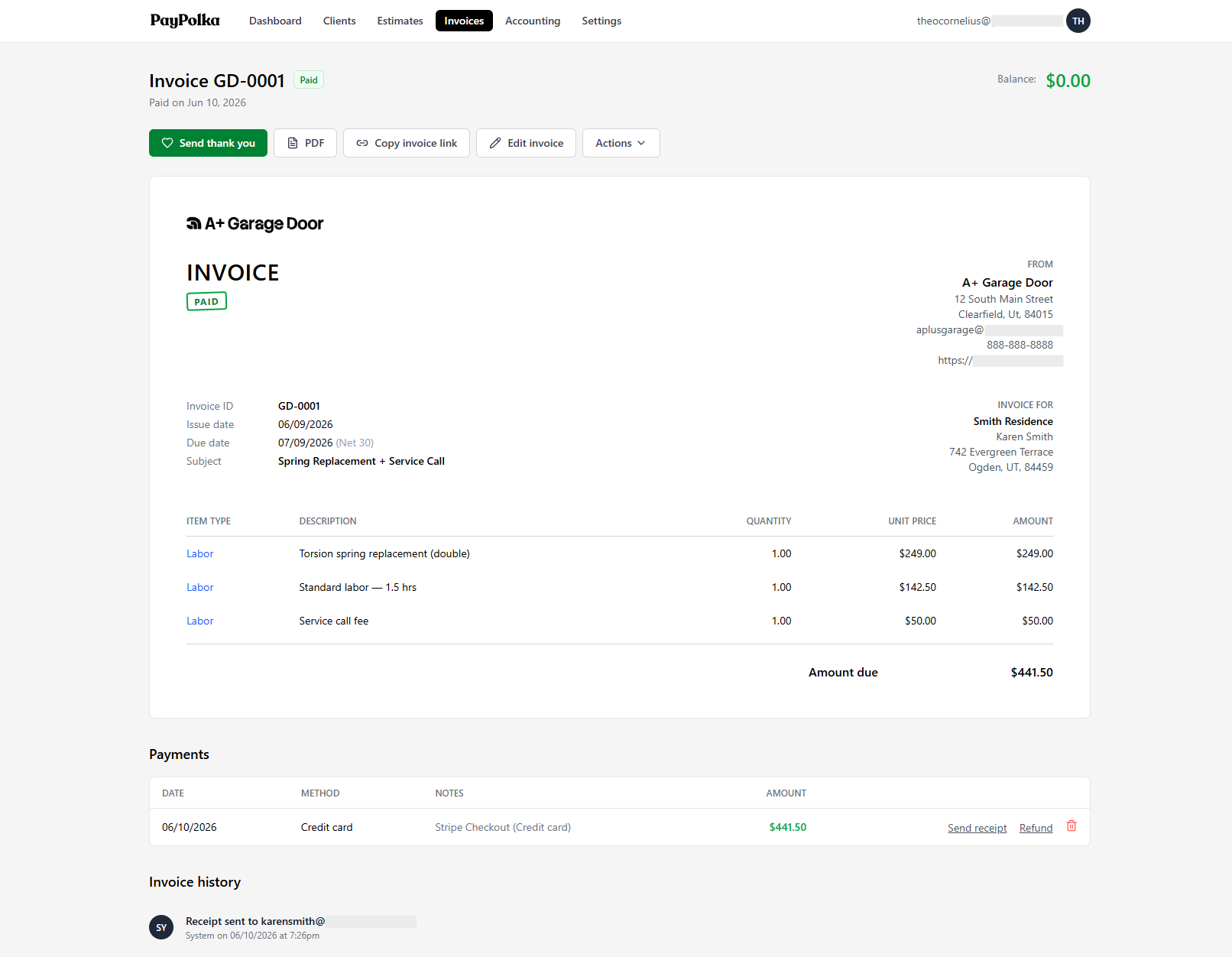 PayPolka invoice detail showing labor line items, amount due, and a paid Stripe card payment