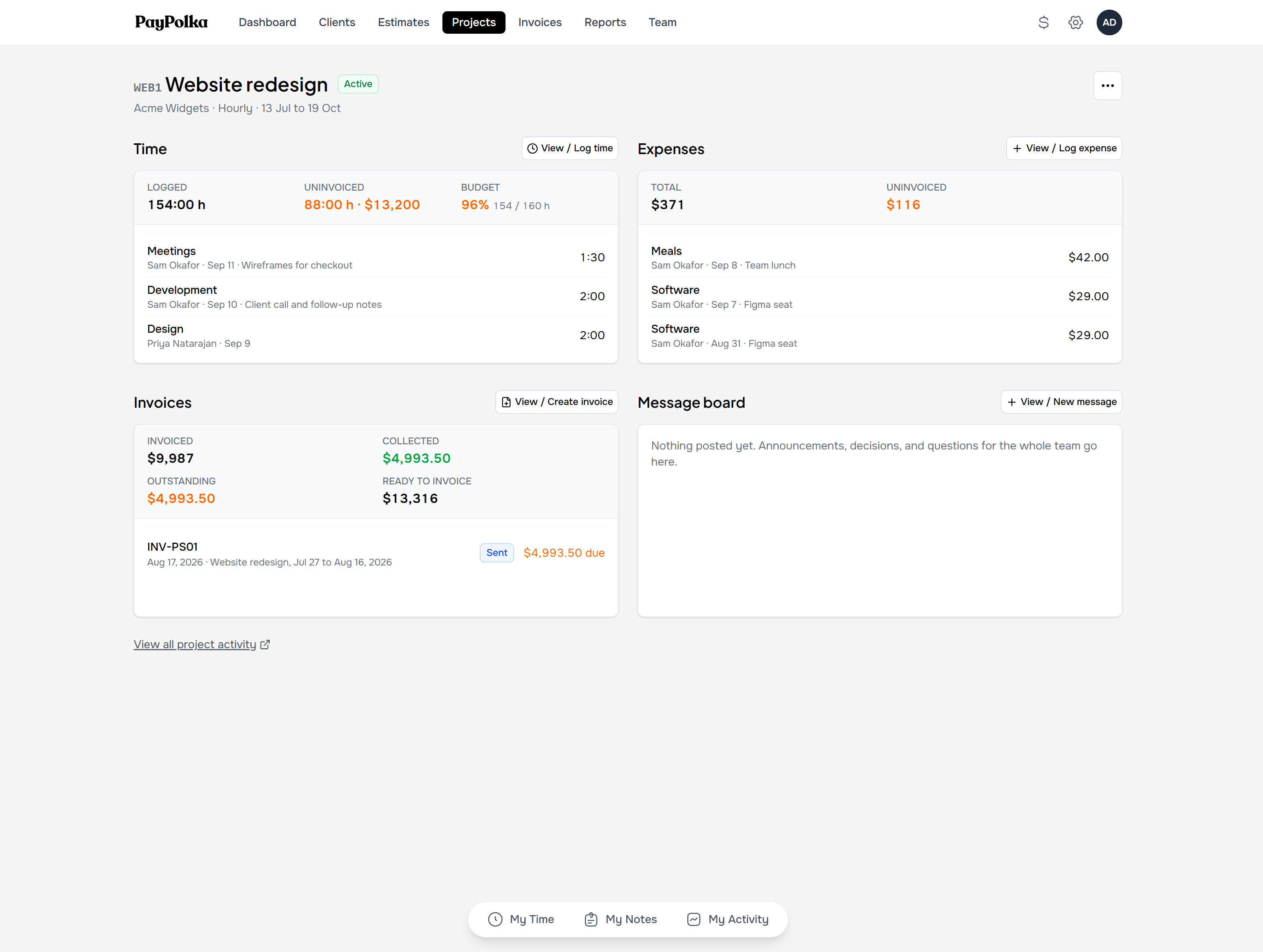 A PayPolka project page: 154 hours logged with 88 uninvoiced, expenses with receipts, a sent invoice, and the team message board